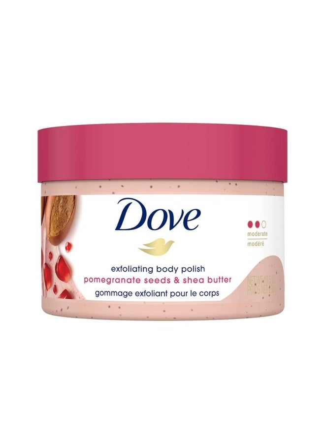 Dove Body Polish Exfoliating Scrub, Moisturizing Shea Butter and Pomegranate Seeds | Nourishes & Conditions Soft Skin | Sulphate Free, 298gm. - Image 1